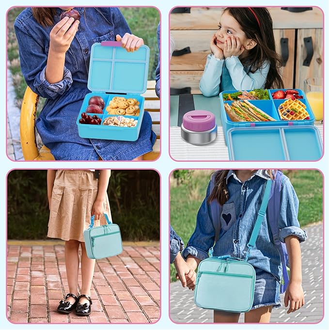 Kids Bento Lunch Box with Thermos, Leakproof Toddler Bento Box with 9 OZ Insulated Food Jar, Lunch Bag & Utensils 3 or 4 Compartment Container for School Girls Boys