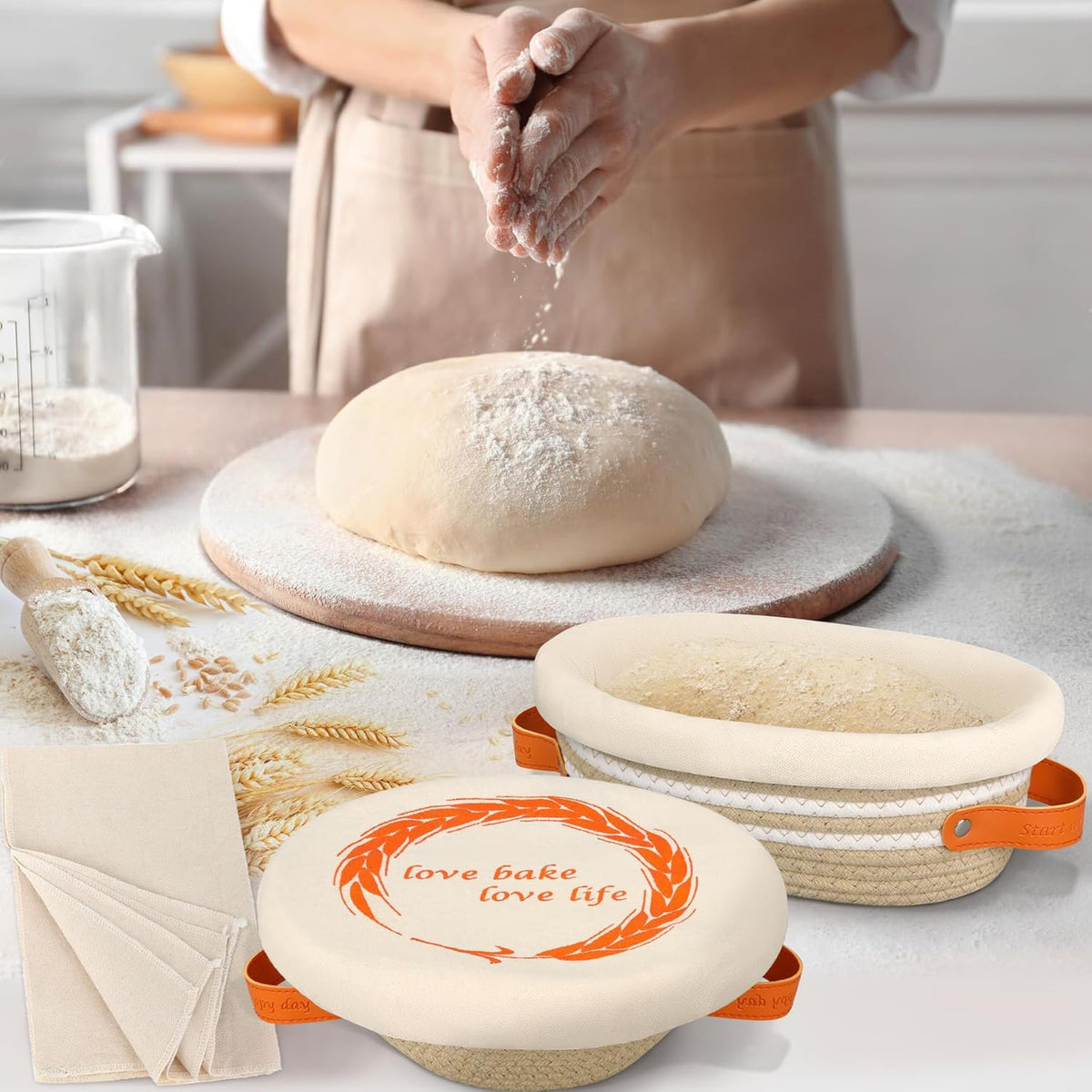 HASHMUST Banneton Bread Proofing Basket Set, 9 Inch Round & 10 Inch Oval Cotton Rope Proofing Bowls with Liners Covers & 14x19 Inch Thick Baguettes Cloth, Sourdough Dough Loaves Baking Supplies Gifts