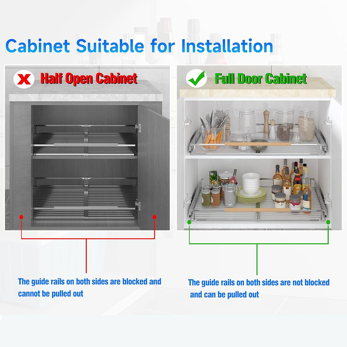 2Pack Expandable Pull Out Cabinet Organizer, 23~39.8"W x 22.5"D Heavy Duty Slide Out Shelves Adjustable Height Cabinet Pull Out Shelves,Expandable Width Spice Rack Organizer for Kitchen Cabinet