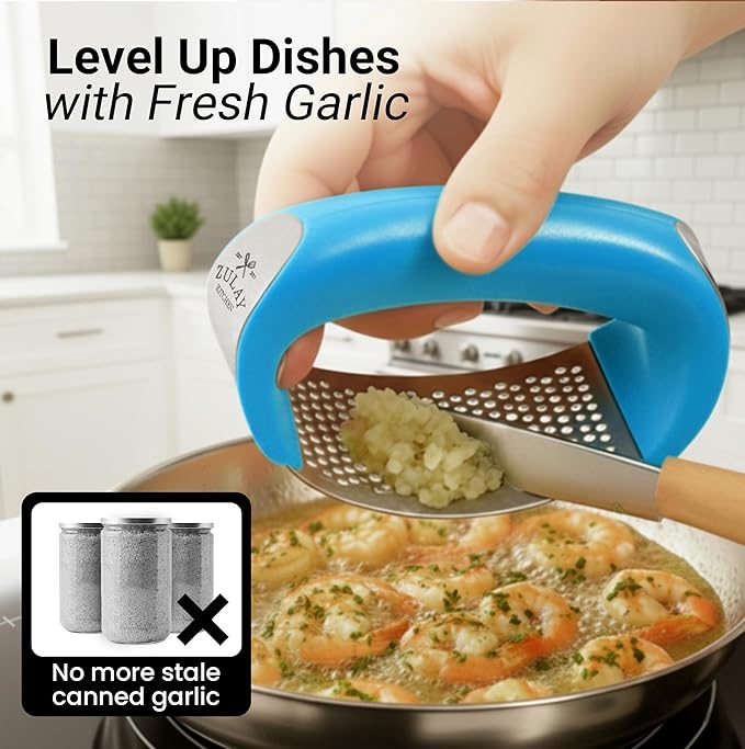 Zulay Kitchen Stainless Steel Garlic Press Rocker Set - Premium Garlic Mincer Garlic Crusher - New Innovative Garlic Crusher with Peeler and Scraper - Comfortable Grip (Blue)