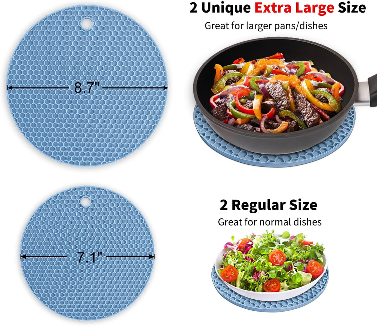 Silicone Trivet Mats - Walfos Heat Resistant Pot Holders Set, 4pcs 2 Sizes 7 Inch & 9 Inch, Multipurpose Non-Slip Hot Pads for Hot Pot, Hot Dishers, Jar Opener, Food Grade & BPA Free (Nordic Blue)