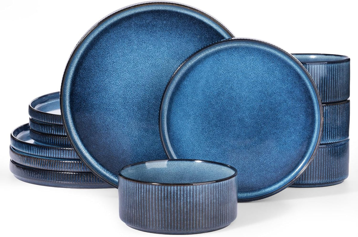 Famiware Star Dinnerware Sets, Plates and Bowls Set for 4, 12 Pieces Ribbed Dishes - Chip and Scratch Resistant, Microwave and Dishwasher Safe Tableware, Nebulas Blue