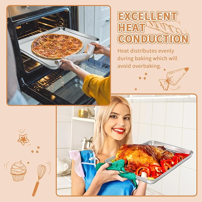 Stainless Steel Baking Sheet Set of 2, Deedro Cookie Sheet Metal Baking Pan Oven Tray, Non Toxic & Heavy Duty, Rust Free & Mirror Finish, Easy Clean & Dishwasher Safe, 16 x 12 x 1 Inch