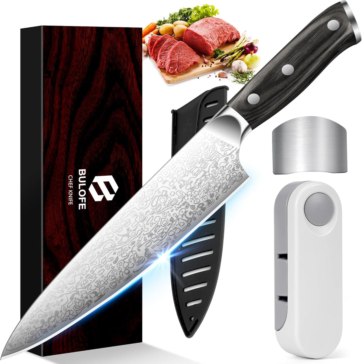 8 Inch Chef Knife, Kitchen Knife with Sharpener and Finger Guard, Professional Steel Sharp Chef's Knife Set with Ergonomic Handle, Gifts for Mom/Dad, Black