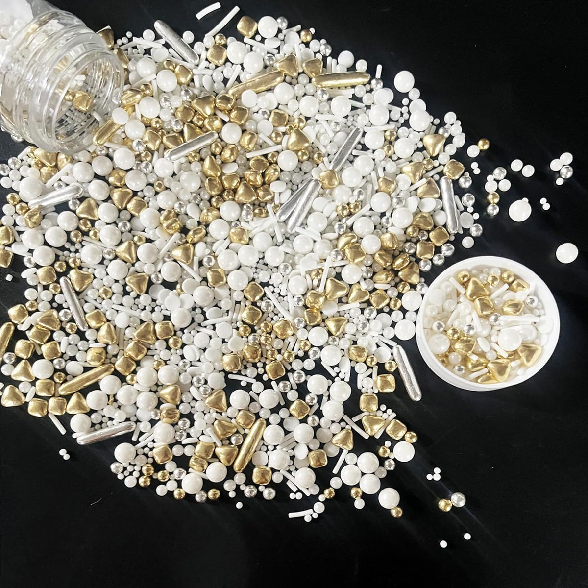Weraru White Deluxe Gold Sprinkles Candy Mixing Size Baking Edible Cake Decorations Cupcake Toppers Cookie Decorating Celebrations Wedding Shower Party Chirstmas Supplies 130g/ 4.58oz