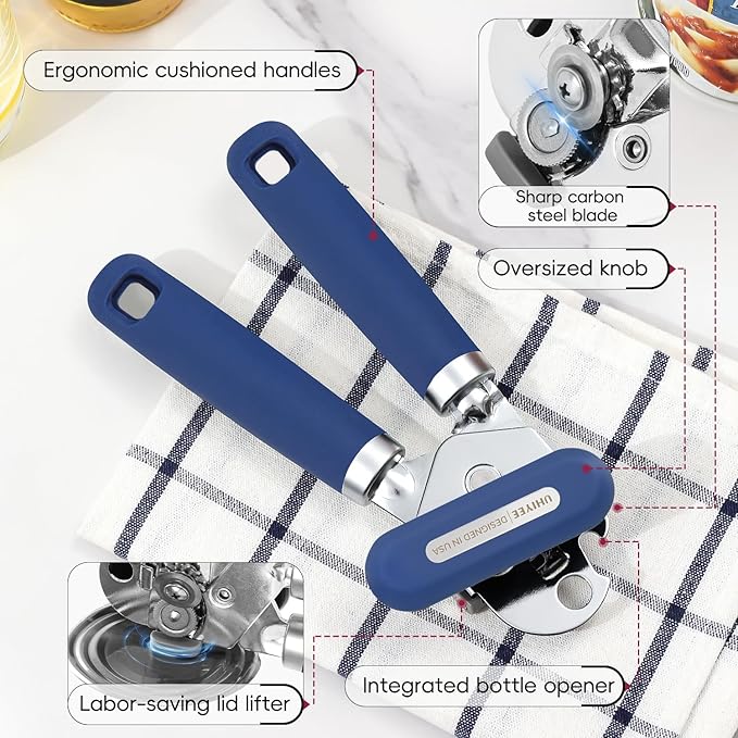 Can Opener Manual, UHIYEE Hand Held Manual Can Openers Heavy Duty with Smoother Cut Sharp Blade, Manual Hand Can Open with Soft Handle, Easy to Turn Knob, Magnetic Lid Lifter, Blue
