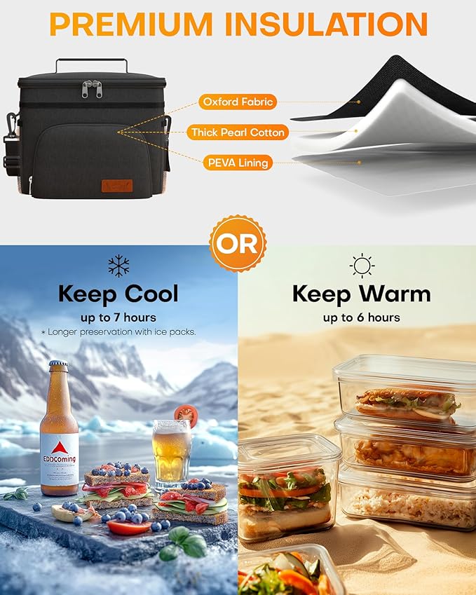 HOTOR Insulated Lunch Box for Men & Women - Leak-Proof Cooler Lunch Bag with 4 Pockets, Adjustable Strap, Ideal for Work, Picnic, Travel - Medium, Black, 10.2"×6.9"×8.5"