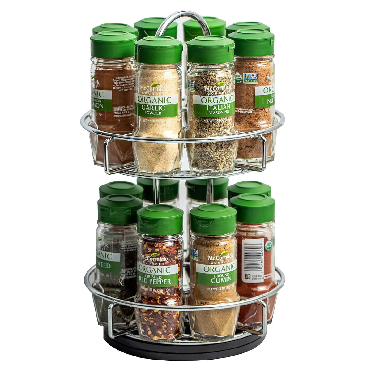 McCormick Gourmet Two Tier Chrome 16 Piece Organic Spice Rack Organizer with Spices Included, 18.55 oz