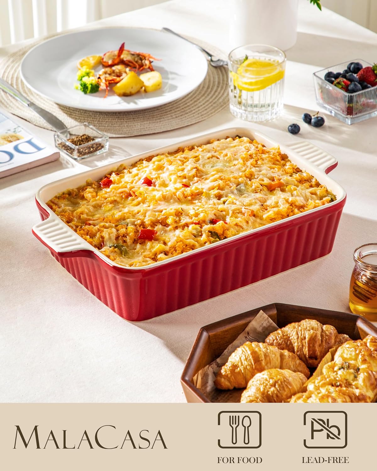 MALACASA 4.4 QT Baking Dish, 9x13 Large Casserole Dish for Oven, Ceramic Baking Pan, Rectangular Lasagna Pan Deep with Handles for Baking, Durable Microwave Oven Safe, Red, Series BAKE-BAKE