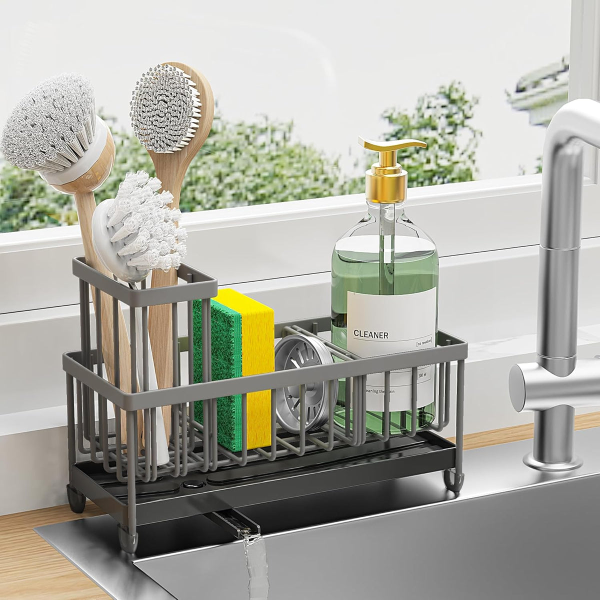 Cisily Charcoal Gray Sponge Holder for Kitchen Sink, Sink Caddy Organizer with High Brush Holder, Kitchen Countertop Organizers and Storage Essentials, Rustproof 304 Stainless Steel