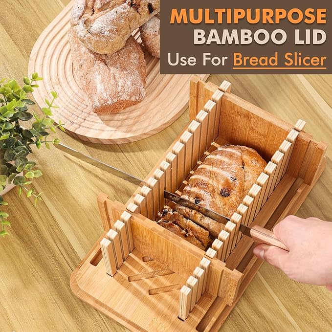 RYTOXILO Bread Slicer for Homemade Bread with Box, White Bread Storage for Kitchen Countertop with 3 in 1 Bamboo Lid, Bread Loaf Slicers Machine with Slicing Guide for Sandwich, Sourdough