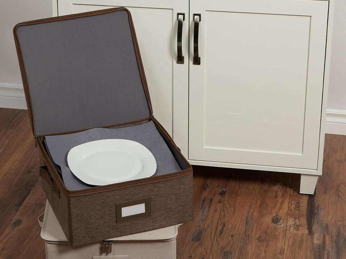 Covermates Keepsakes Dish Storage Box - Stackable, Reinforced Handles, China Storage, Brown Heather