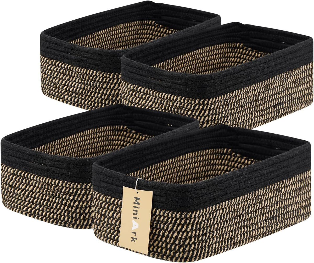 Small Storage Baskets for Organizing | Closet Organizer Bins | Shelf Toy Basket | Woven Rope Baskets | Cube Decorative Box | Shallow Basket | 13x8.5x5.1” | 4 Packs Black Brown