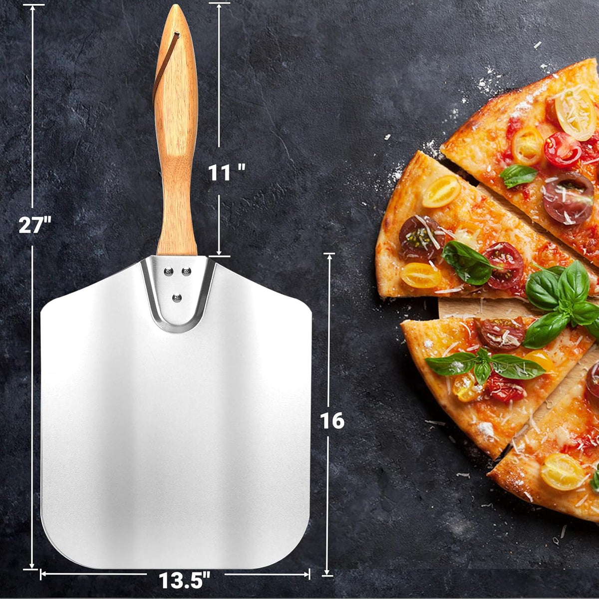 Skyflame Kitchen Supply Aluminum Pizza Peel with Wooden Handle 14-Inch x 16-Inch, Large Pizza Paddle for Baking Homemade Pizza Bread