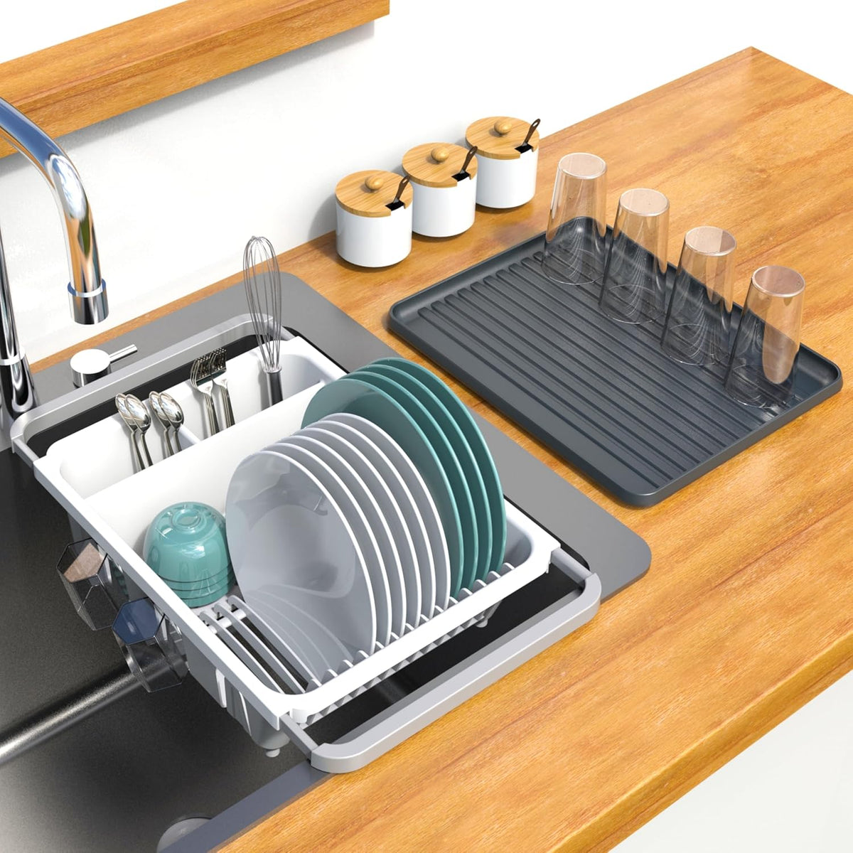 Dish drying rack expandable over the sink, in the sink and for cabinet and kitchen counter; Dish drainer rust proof, Large kitchen organizer with drainboard, two cutlery holders and 6 cup holders.