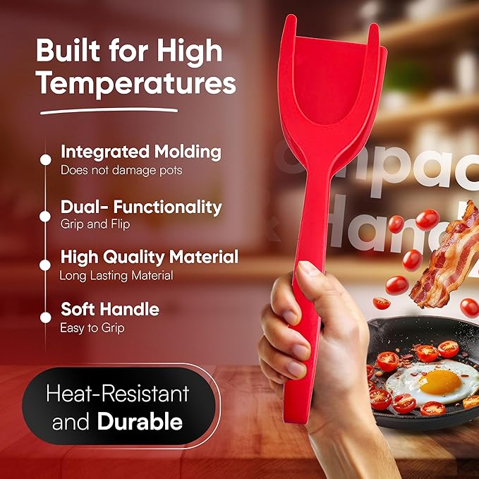 Egg Flipper Spatula Tongs (Set of 2) – Non-Stick 2-in-1 Grip & Flip Kitchen Tongs for Pancakes, Fish, Eggs, and More – Heat Resistant Cooking Tool (Black + Red)