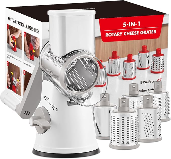 GDL Rotary Cheese Grater, Upgraded 5-in-1 Cheese Grater Hand Crank, Multi-purpose Cheese Shredder with Handle, Vegetable Slicer Cutter Ice Shaver for Potato, Carrot, Nuts, Chocolate
