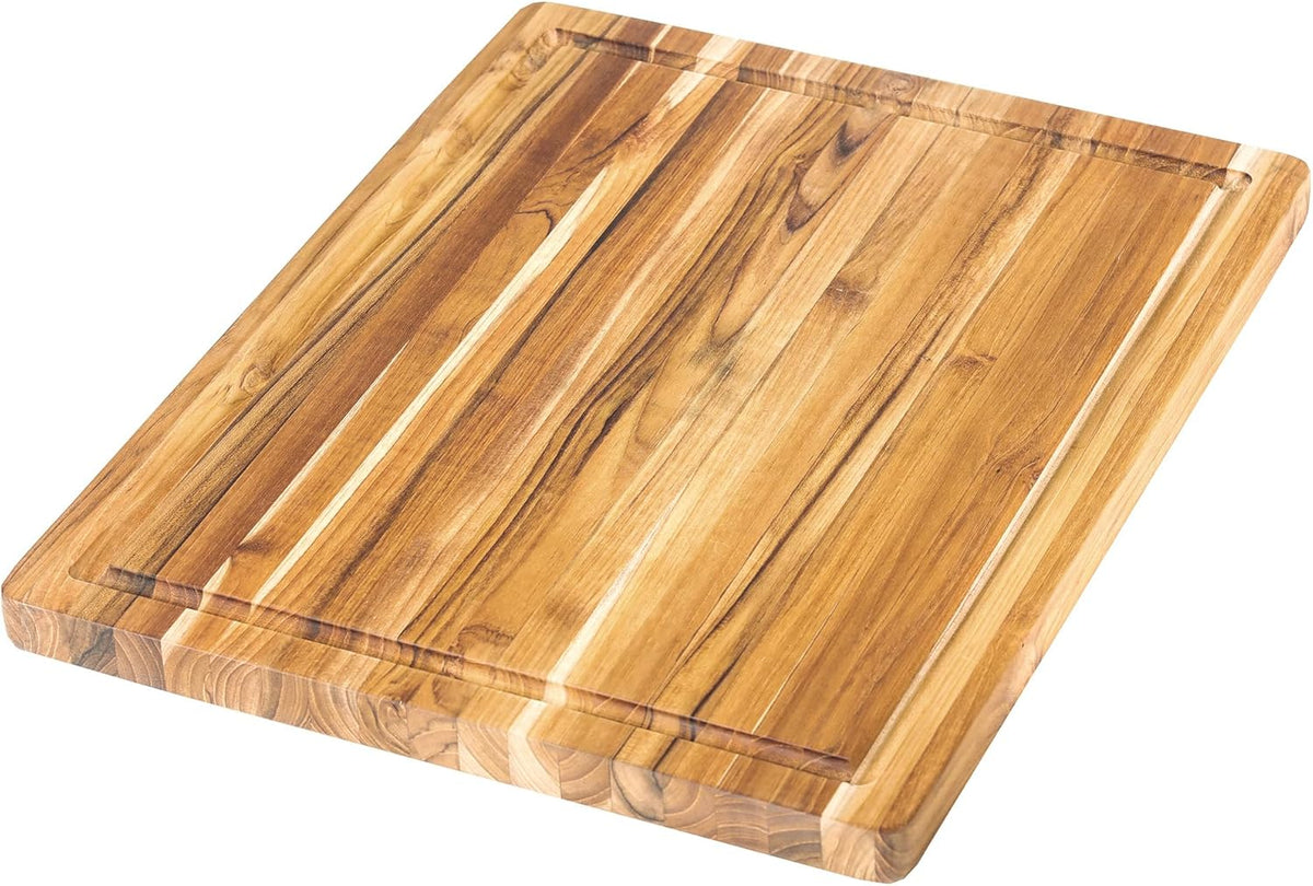 Teakhaus Cutting Board - Medium (M) Wood Cutting Board with Juice Groove and Grip Handles - 18”L x 14”W - Thin, Lightweight, Reversible Teak Edge Grain Wood - Knife Friendly - FSC Certified