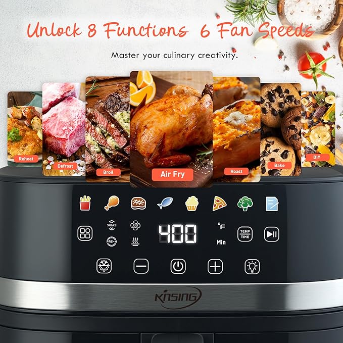Air Fryer 6.5 QT,8 in 1 with Visible Window,LED display, 400℉ Precise Temperature Control, Shake Reminder&Pre-heat indicator,Metal inner cavity,Nonstick & Dishwasher Safe Basket