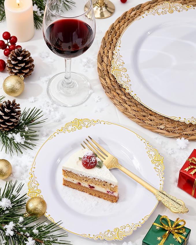 Nervure 350PCS Gold Plastic Plates - Gold Plastic Dinnerware Sets for 50 Guests - 100 Disposable Plates, 150 Silverware, 50 Cups, 50 Napkins for Wedding & Party & Thanksgiving
