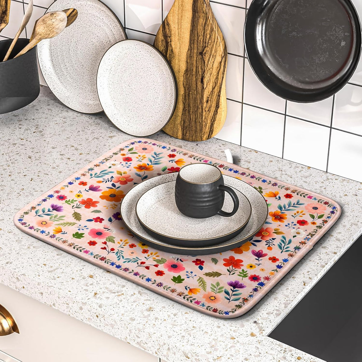 Boho Floral Dish Drying Mat - Pink Wildflower Absorbent Microfiber Kitchen Counter Pad for Home Coffee Bar Decor