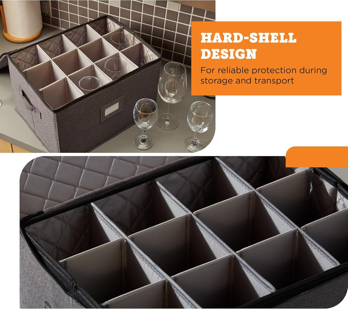 storageLAB Wine Glass Storage Containers, Hard Shell Organizer for Stemware and Glassware Sets, Stackable Wine Glass Storage Box with Dividers for Kitchen and Moving Supplies - 2 Pack Set, Gray