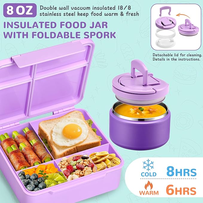 MAXSO Bento Lunch Box Set with 8 oz Soup Thermo, Kids Leakproof 4 Compartments Hot Food Container with Sauce Cup, Ice Pack and Lunch Bag, Child Insulated Food Jar for School - Purple