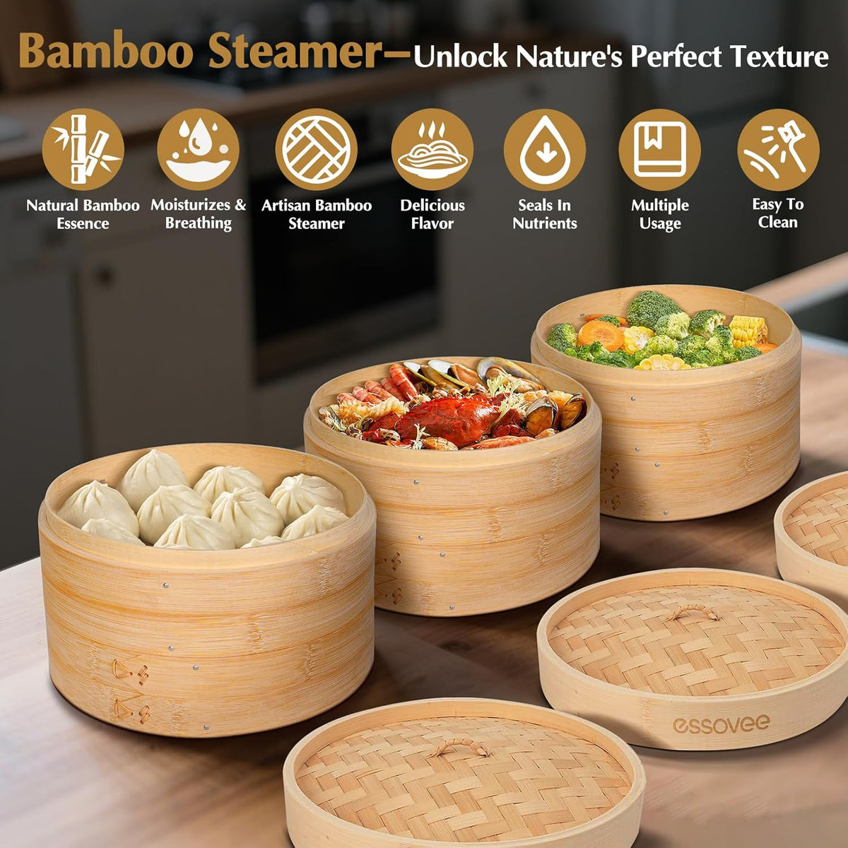 Bamboo Steamer 2 Tier 10-Inch Steaming Basket with Handle, Bun Vegetable Steam, Dumpling Steamer Bamboo Steam Basket, Chopsticks, Reusable Silicone Liner, Ring Adapter, for Chinese Asian Cuisine