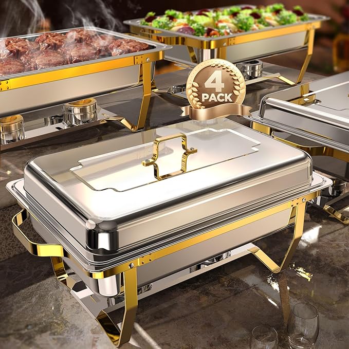 Chafing Dishes for Buffet 4 Pack, 9QT [Elegant Gold and Silver Colors] Food Warmers for Parties Buffet [Sturdy and High Grade] Chafing Dish Buffet Set for Any Party with Complete Set
