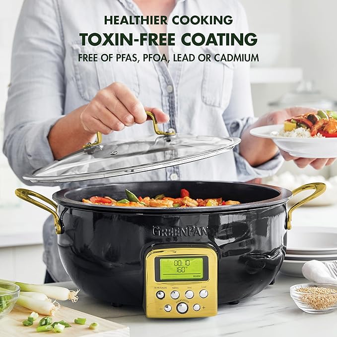 GreenPan Elite Essential Smart Electric 6QT Skillet Pot, Presets to Sear Saute Stir-Fry and Cook Rice, Healthy Ceramic Nonstick and Dishwasher Safe Parts, Easy-to-use LED Display, Gold