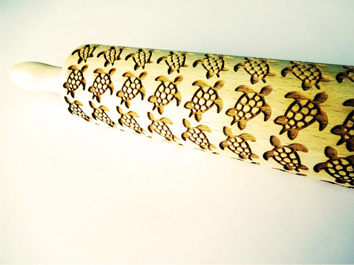 TURTLES EMBOSSING ROLLING PIN LASER ENGRAVED WOODEN DOUGH ROLLER with TURTLES COOKIES DECORATING ROLLER