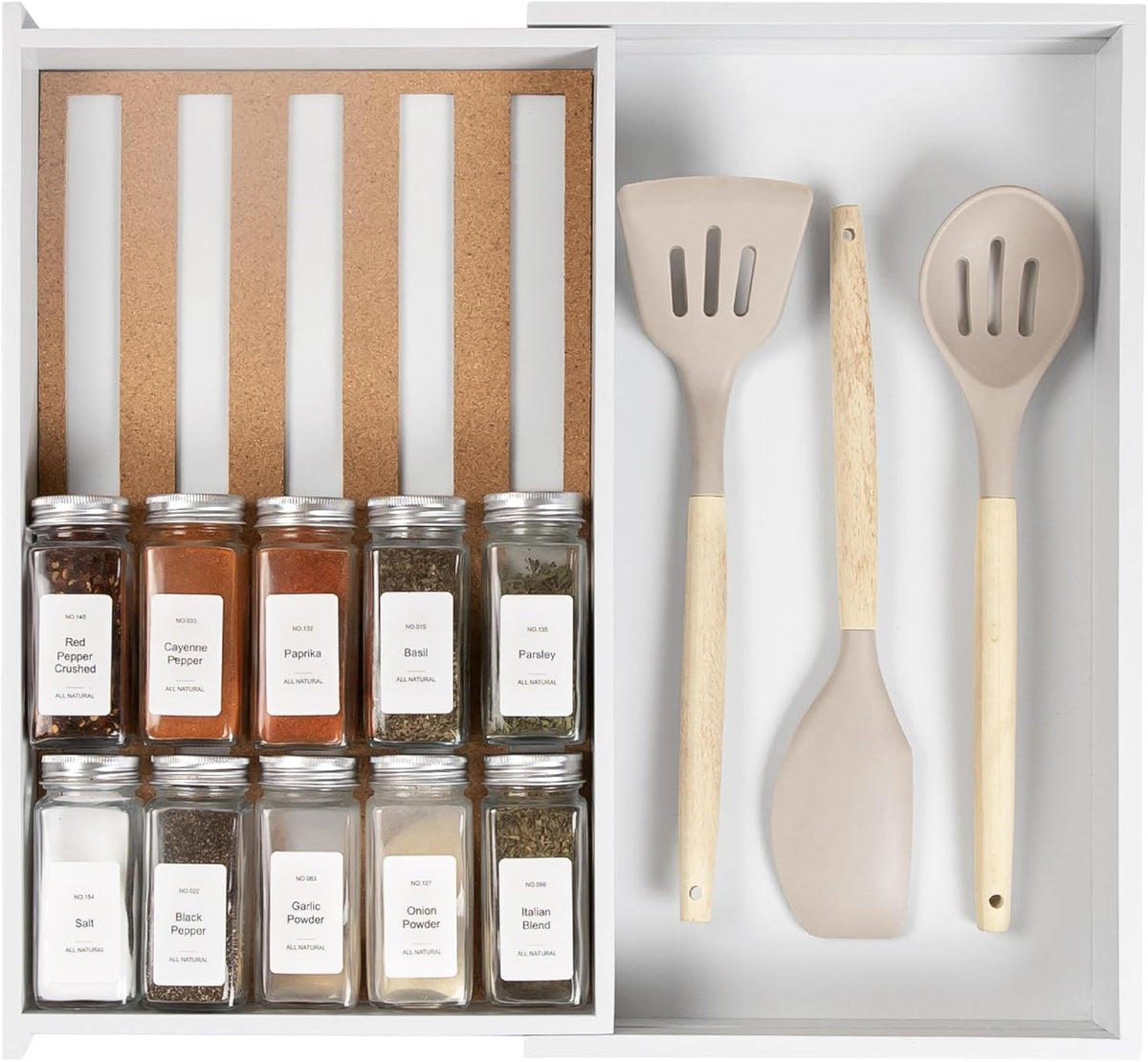KitchenEdge Spice Drawer Organizer with Expandable Storage. Holds up to 15 Spice Jars (Not Included), Non-Slip Feet, Kitchen Accessory Storage, 100% Sustainable Bamboo Wood (White Bamboo)