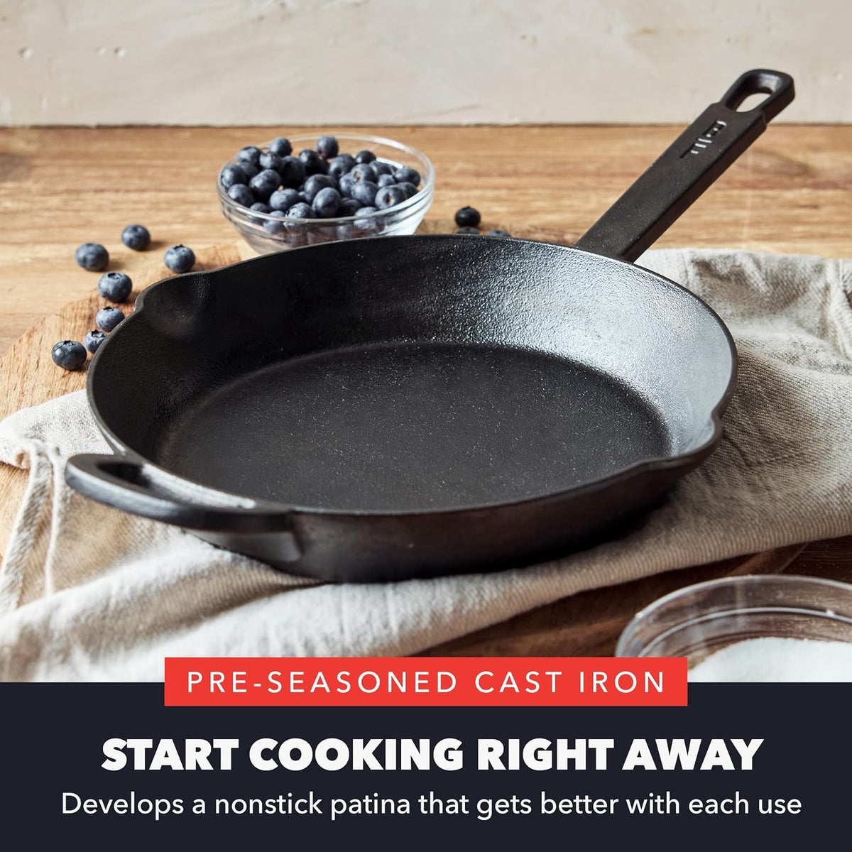GreenPan x Bobby Flay 10” Cast Iron Pre-Seasoned Skillet with Helper Handle, Professional Grade Heavy Duty, Induction, Pour Spouts, Versatile Stovetop, Oven, BBQ Grill Fire, Indoor/Outdoor Use, Black