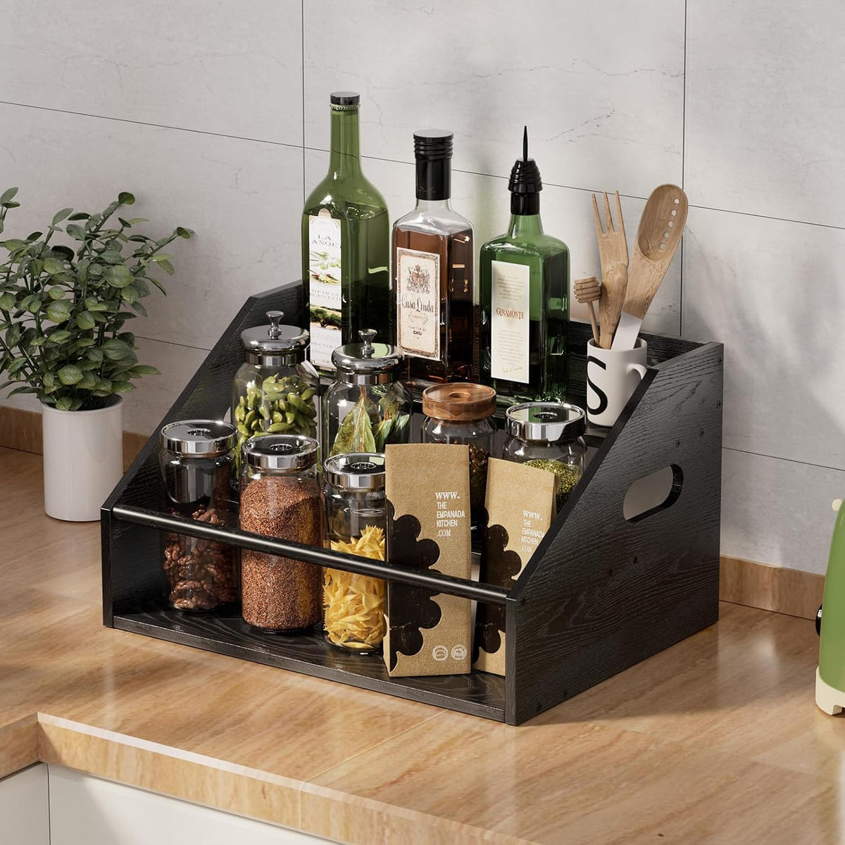 3 Tier Wood Liquor Bottle Display Shelf, Coffee Syrup Organizer Rack, Wine Racks Countertop, Bar Shelf for Vodka Tequila Whiskey, Liquor Cabinet for Home Decor, Mini Bar, Black Bar Organizer