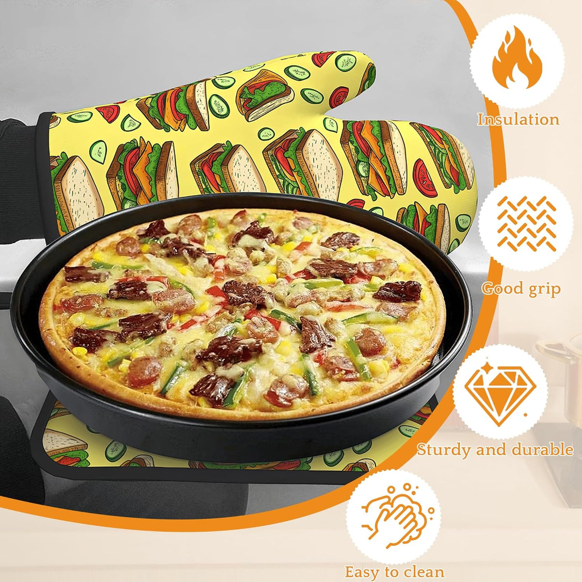 Cute Sandwich Oven Mitts and Pot Holders,Heat Resistant Oven Mitts Gloves and Pot Holder for Home Kitchen Decorations Cooking Baking BBQ Gifts,Set of 4