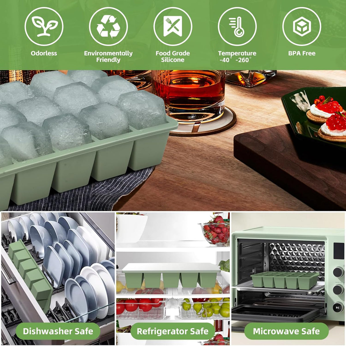 Silicone Ice Cube Tray, 2 Pack Easy-Release Stackable Ice Trays for Freezer with Lid 15 Reusable Cubes, Food Grade BPA Free Ice Molds for Whiskey, Baby Food, Coffee, Cocktail (Grey+Green)
