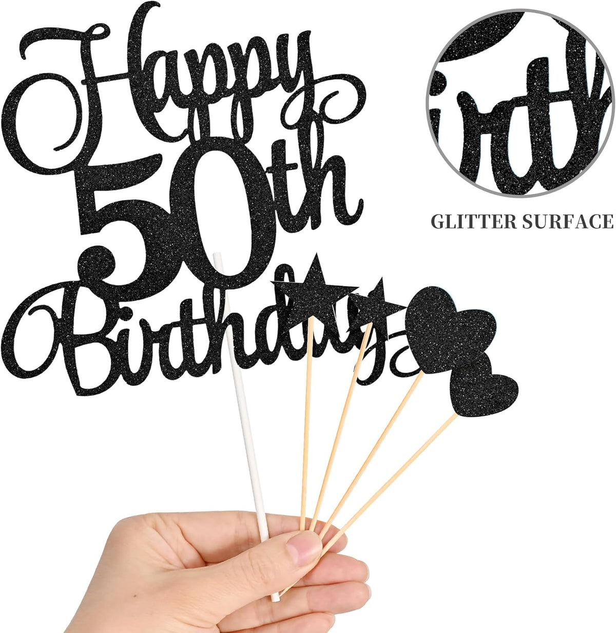 50th Birthday Cake Decorations, 50th Birthday Candles Cake Numeral Candles and Glitter Happy 50th Birthday Cake Toppers Set for Birthday Party Supplies (Black)