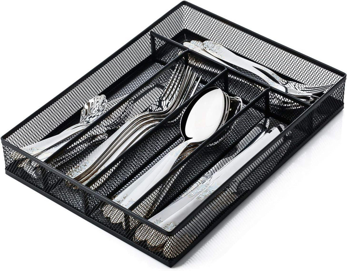 Silverware Organizer Metal Mesh, Small Drawer Organizer, Utensil Cutlery Tray for kitchen drawers, Flatware Organizer with 5 Compartment, Black(9.3"*12.6")