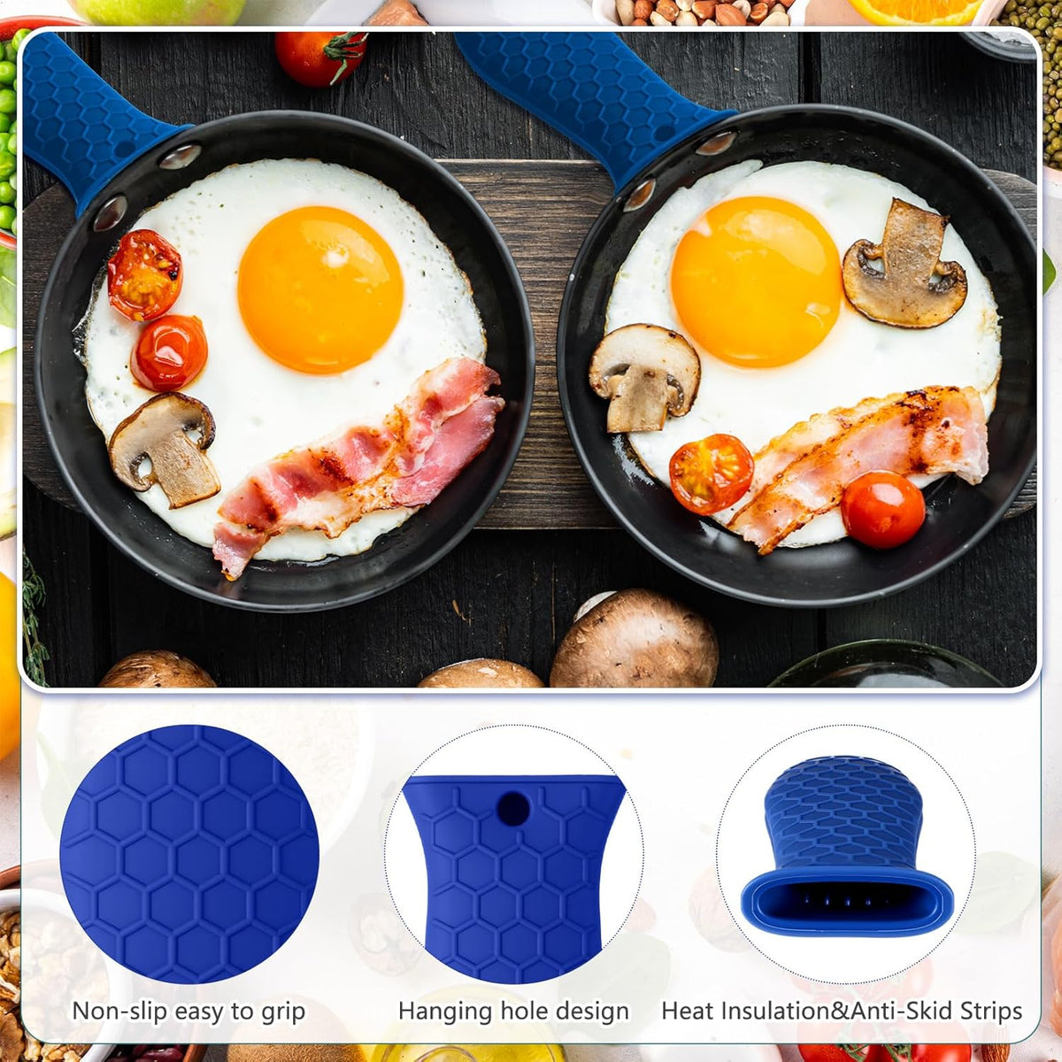 Patelai 2pcs Silicone Handle Cover for Cast Iron Skillet Kitchen Silicone Handles for Pots and Pans Non-Slip Pot Holder Sleeve for Fry Pan Griddles Metal Aluminum Cookware(Blue)