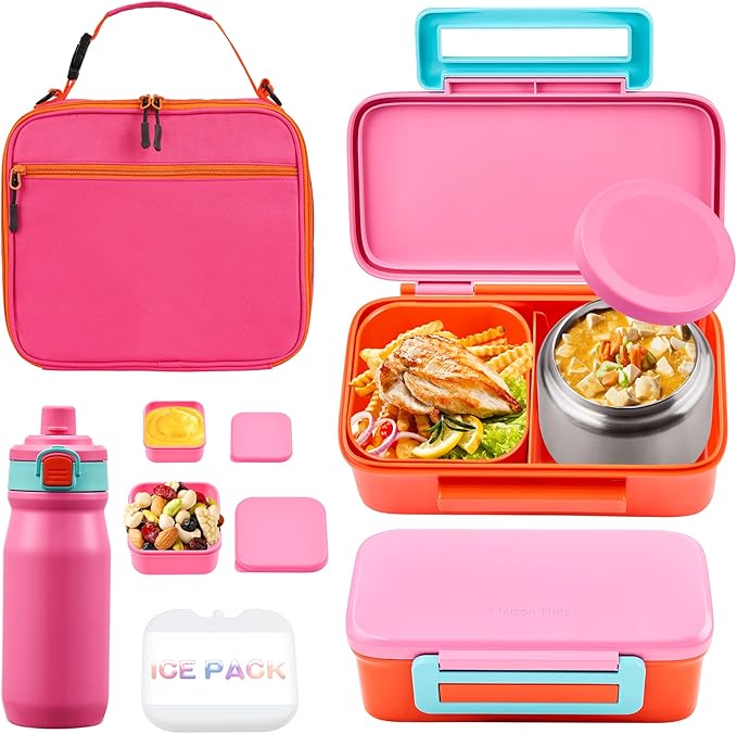 Bento Lunch Box for Kids With 8oz Thermo, Leakproof Bento Box with with 2 Compartments, Insulated Bottle, Lunch Bag, BPA Free Dishwasher Safe for School Girls Boys (Pink)