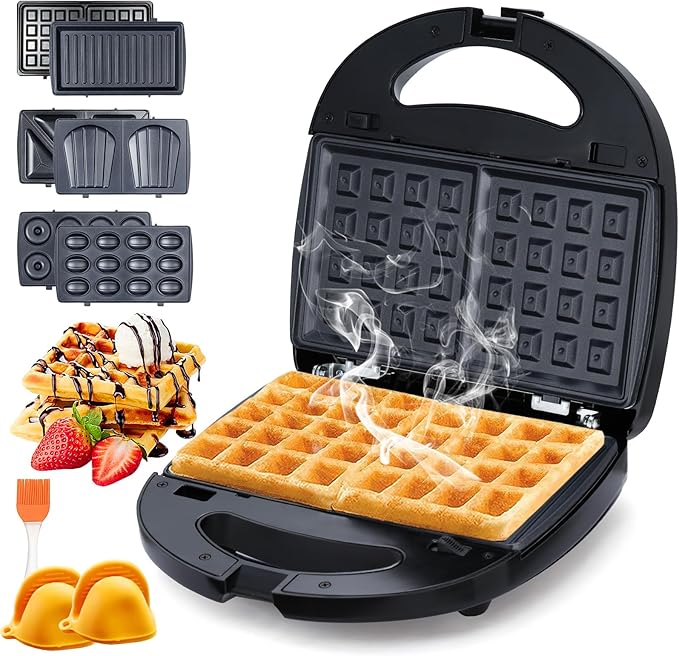 6 in 1 Waffle Iron Set, Panini Press Grill and Electric Sandwich Maker with Removable Non-Stick Plate, Ideal for Cooking Grilled Cheese, Tuna Melts, Burgers