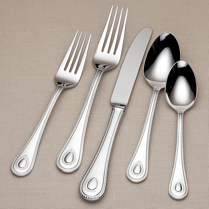 Lenox Silverware Set For 12, French Perle 65-Piece Flatware Set with Serving Utensils, Service For 12, Elegant 18/10 Stainless Steel Utensils with Beading, Knives Spoons & Forks (Silver, 65 Piece)
