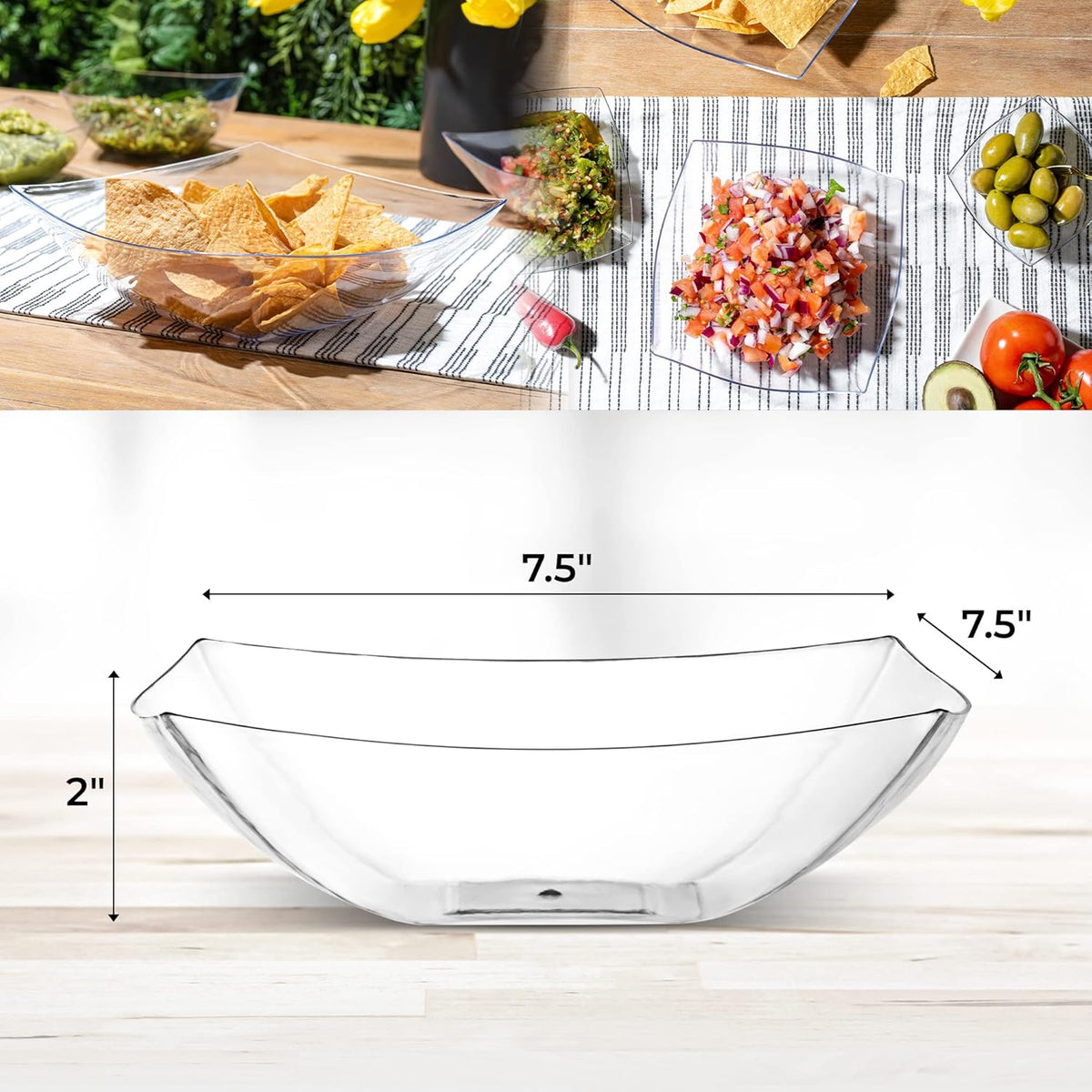 Posh Setting - Clear Plastic Serving Bowls for Party (32oz - 4 Pack) Square, Disposable, Salad & Fruit Bowls for Party Table, Candy Containers for Candy Buffet