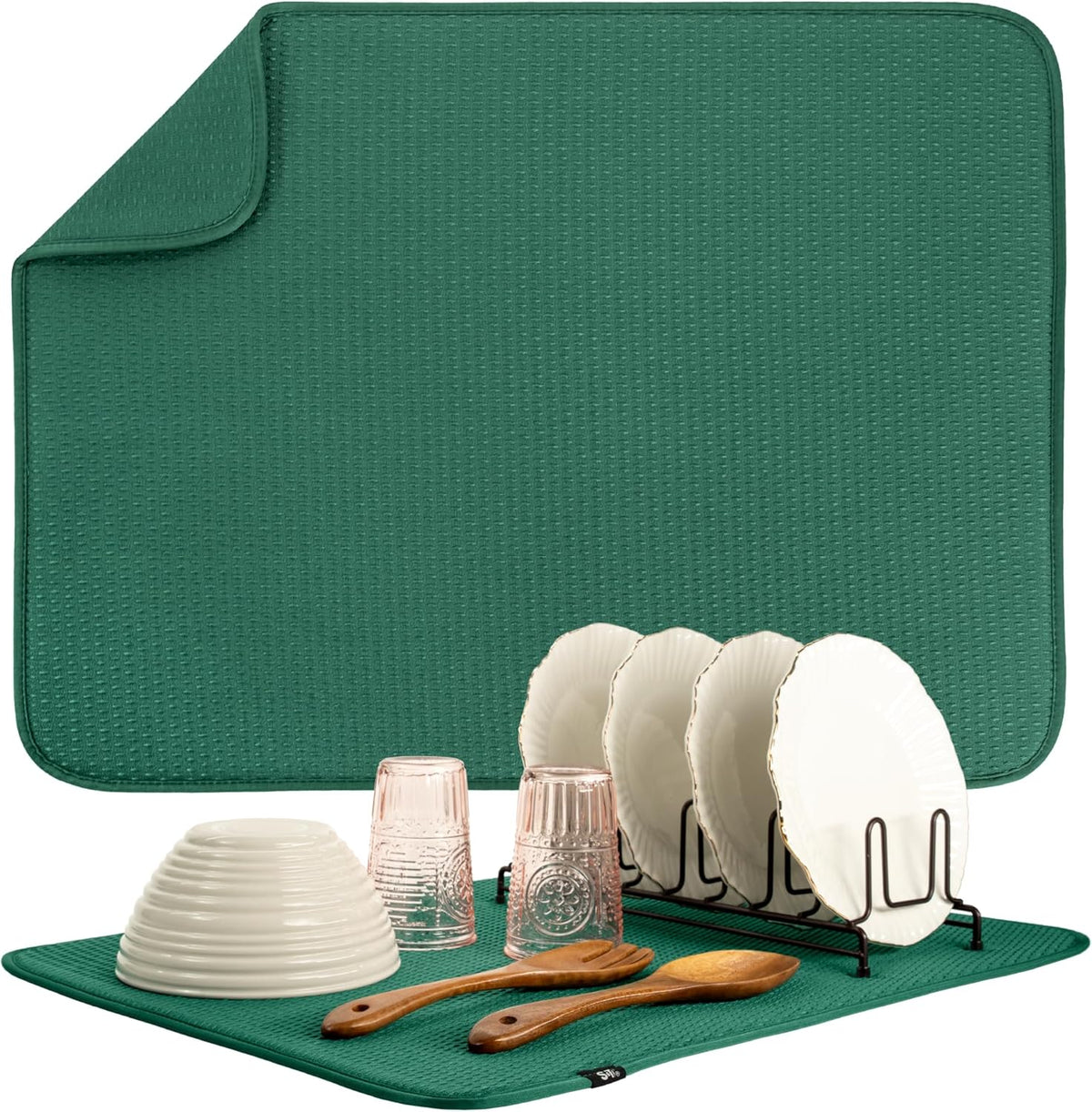 S&T INC. Dish Drying Mat XL, 18” x 24”, Absorbent Microfiber Kitchen Counter Mat, Drying Pad for Dishes, Utensils, Pots and Pans, Extra Large, Diamond Texture, Emerald Green
