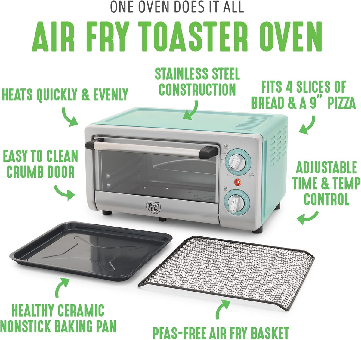 GreenLife Countertop Toaster Oven Air Fryer Stainless Steel, Healthy Ceramic Nonstick, PFAS and PFOA-Free, Tray & Basket, Bake, Broil, Reheat, Adjustable Temp & Time Control, Auto Shutoff, Turquoise
