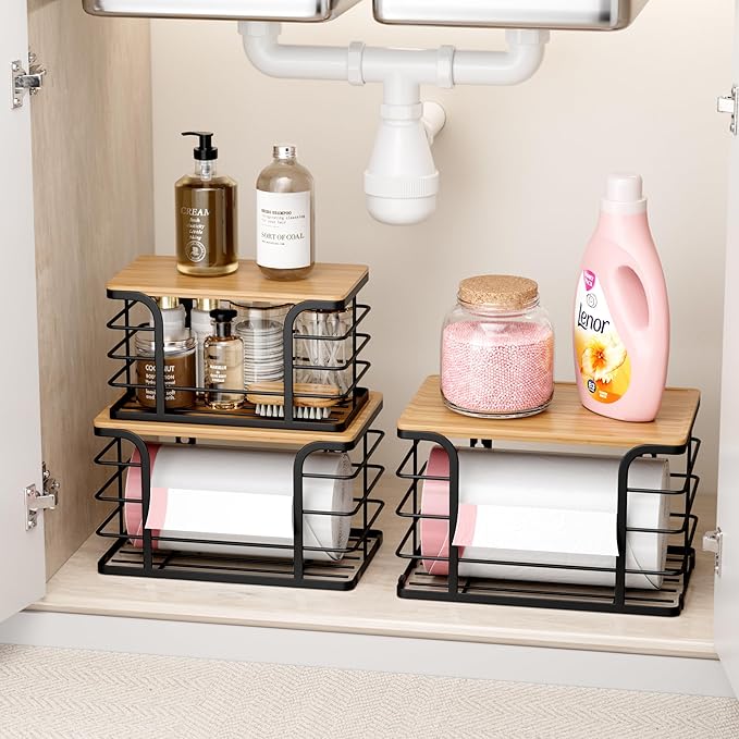 3 Pack Stackable Pantry Organizer,Stainless Steel Trash Bag Holder Dispenser,Kitchen Storage Organization for Kitchen Counter Sink,Laundry Room,Pantry, Black