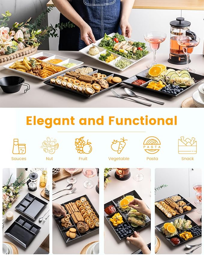 LAUCHUH Divided Serving Platters, 11 x 11 inch Porcelain Chip & Dip Serving Set Dinner Serving Tray 4 -Compartment Serving Dishes for Thanksgiving, Candy, Nuts,Veggies, Snacks and Sauce, Black