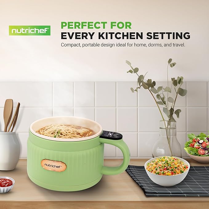 NutriChef 1.6 QT Portable Electric Rice Cooker & Lunch Maker | Multi-Functional & Non-Stick Ceramic Coating | Digital Control Panel | 6 Cook Functions: Rice, Soup, Stew, Porridge & More | Green