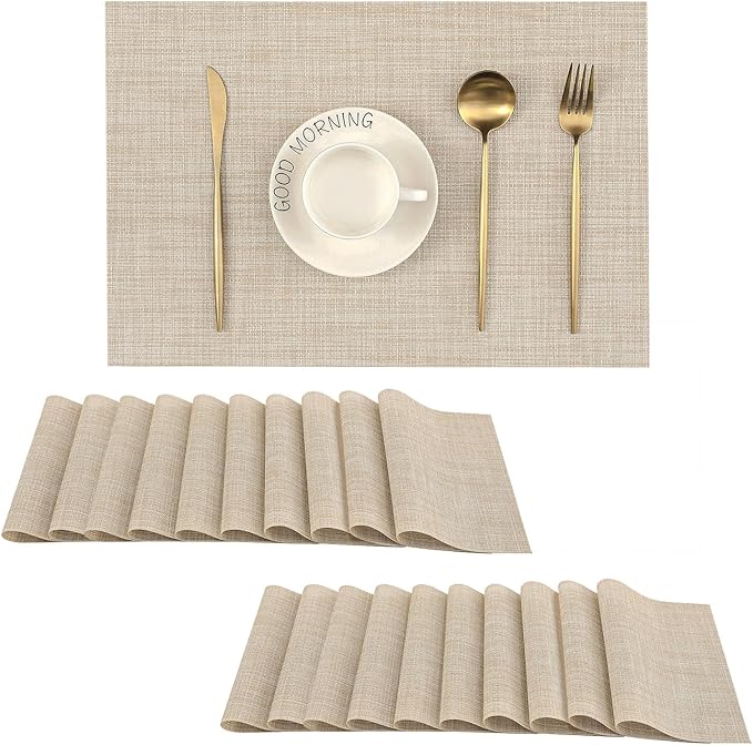 Leetaltree Beige Placemats Set of 20 - Heat Resistant Non-Slip Place mats for Dining Table, Washable Durable PVC Vinyl Woven Table Mats(Beige, 20)
