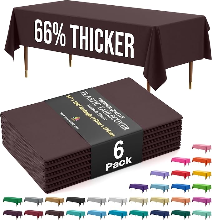 Exquisite 66% Thicker Premium Plastic Table Cloth Rectangle Table Cover 0.5 Mil 6 Pack Brown Table Cloth 54 Inch x 108 Inch Disposable Tablecloth Won't Tear Easily Like Cheap Thin Brands